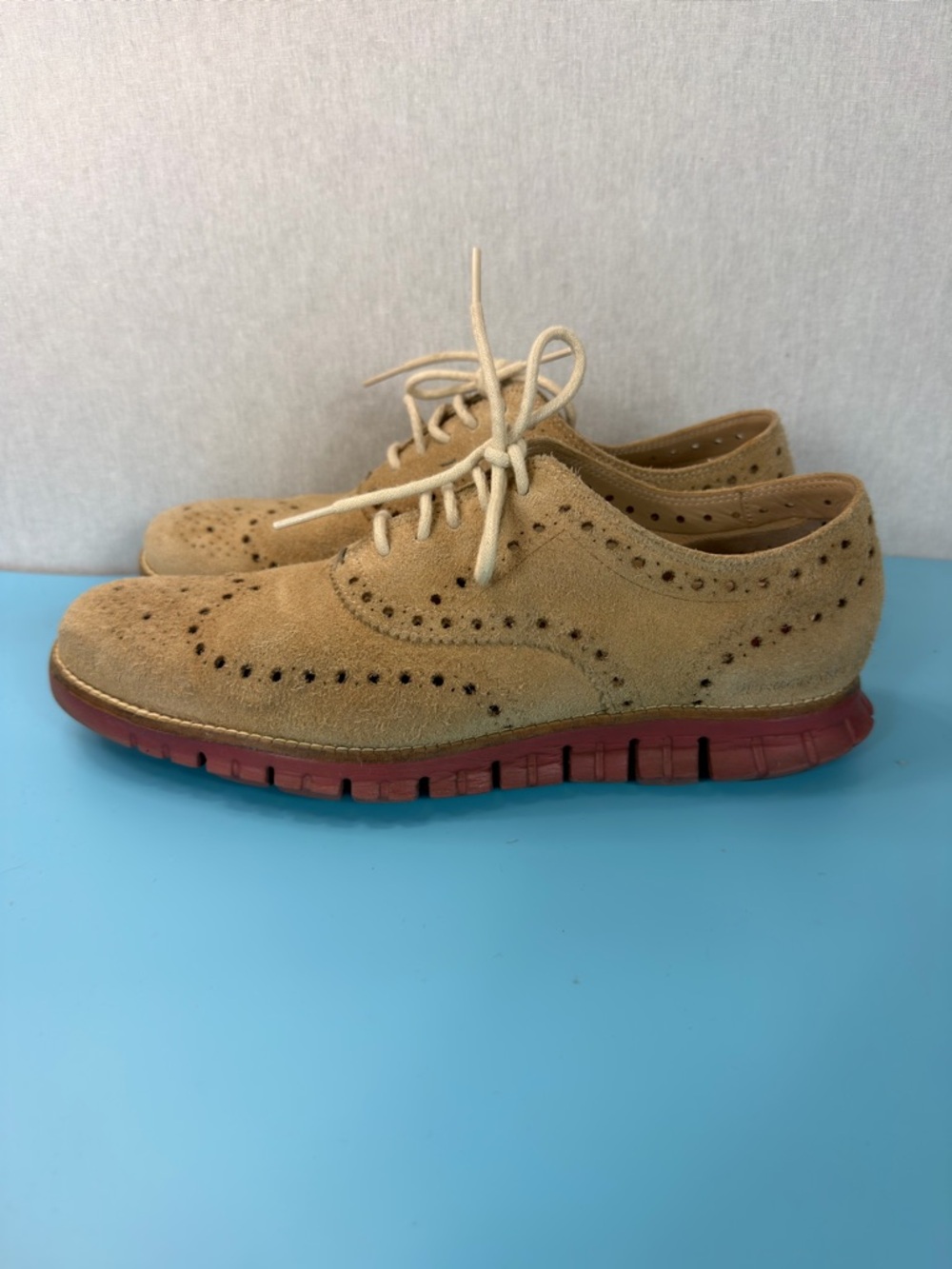 Cole Haan Tan Suede Wingtip Derby with Red Rubber Sole